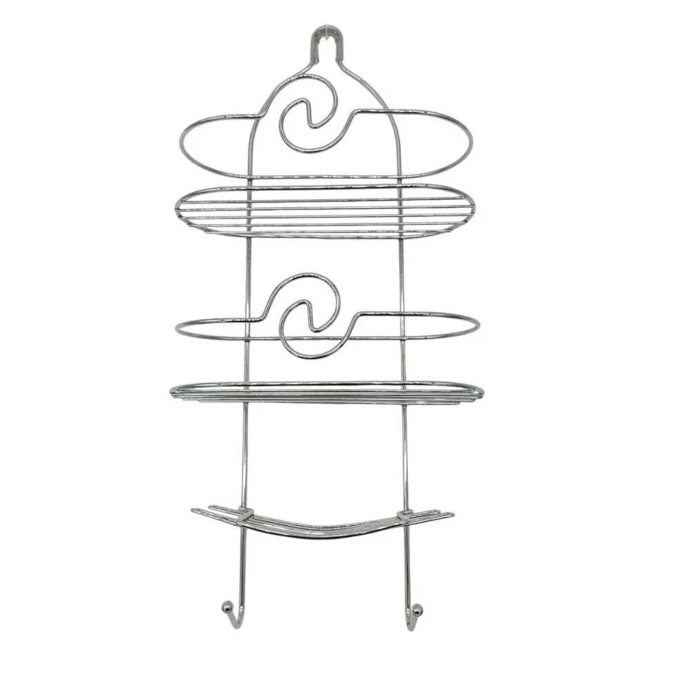 3-Tier Silver Chrome Shower Caddy Hooks & Swirl Design For Bathroom Organization